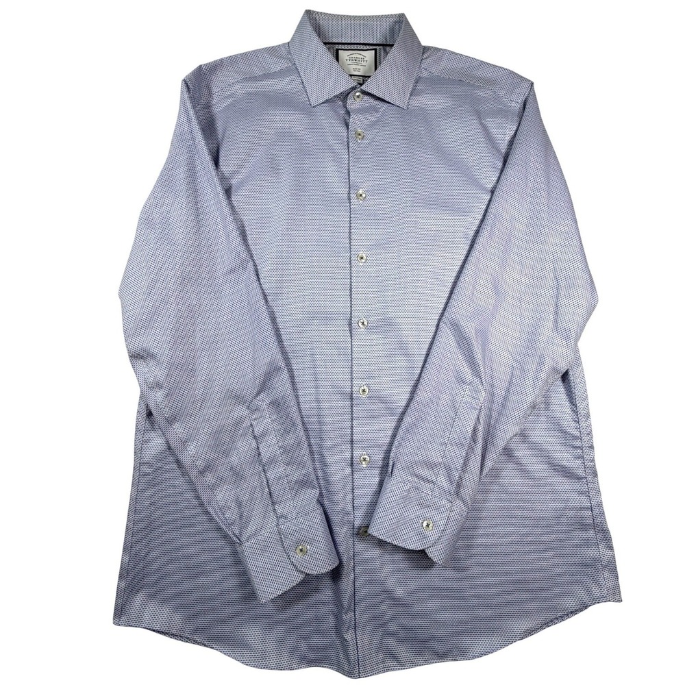 Charles Tyrwhitt Mens 17.5/36 Slim Fit Non-Iron Dress Shirt Blue White Geometric